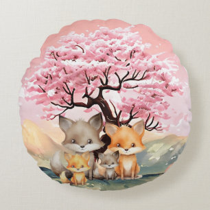 Happy Fox family enjoying the spring day Round Cushion