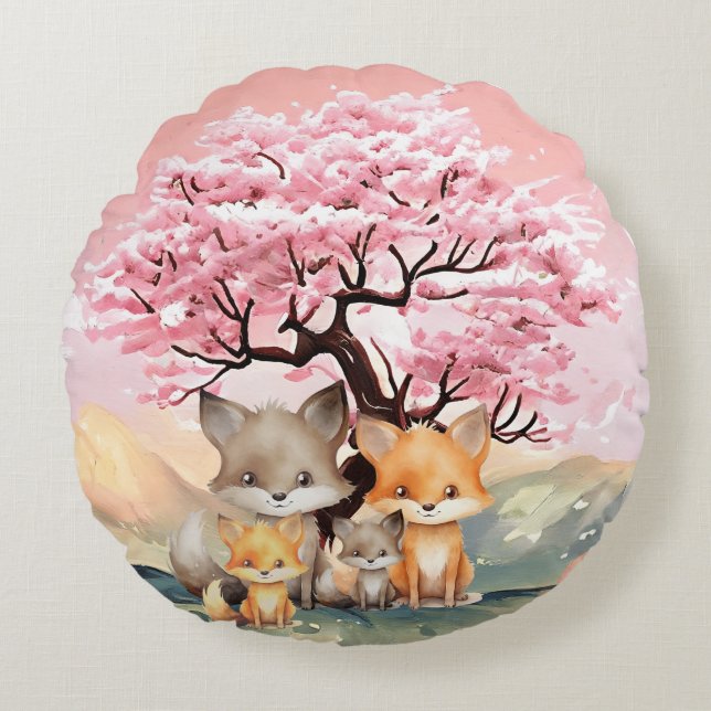 Happy Fox family enjoying the spring day Round Cushion (Front)