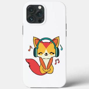 Happy fox with headphones listening to music.  iPhone 13 pro max case