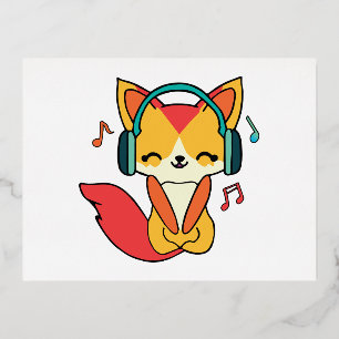 Happy fox with headphones listening to music.  foil holiday postcard
