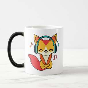 Happy fox with headphones listening to music.  magic mug