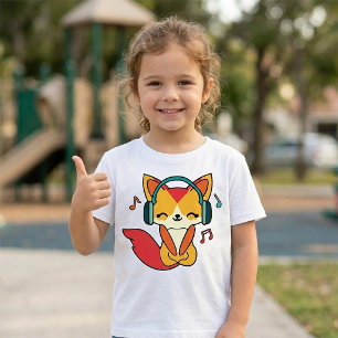 Happy fox with headphones listening to music.  T-Shirt