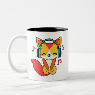Happy fox with headphones listening to music.  Two-Tone coffee mug