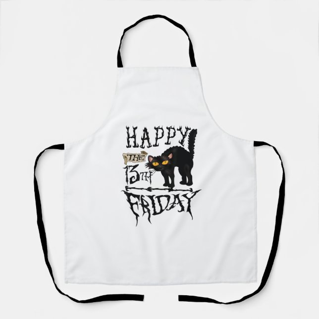 Happy Friday 13th Black Cat Scary Halloween Shirt Apron (Front)
