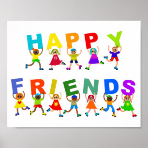 Happy Friends Cute Cartoon Diverse Kids Text Poster