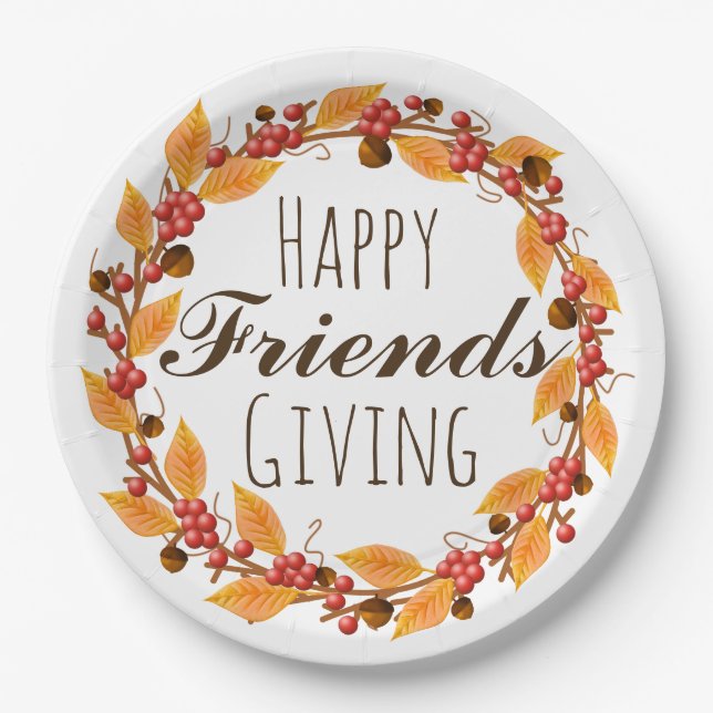 Happy Friends Giving Fall Autumn Leaves Wreath Paper Plate (Front)