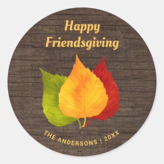 HAPPY FRIENDSGIVING AUTUMN LEAVES ON RUSTIC WOOD CLASSIC ROUND STICKER