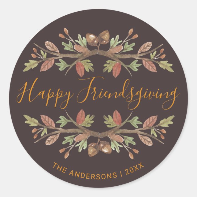 HAPPY FRIENDSGIVING CUTE WATERCOLOR FALL FOLIAGE CLASSIC ROUND STICKER (Front)