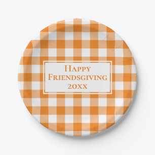 Happy Friendsgiving Orange White Gingham Plaid Paper Plate
