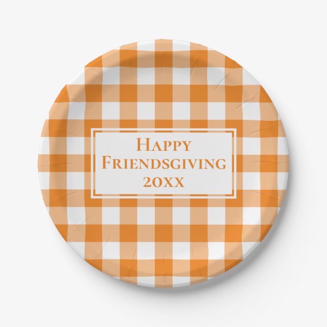 Happy Friendsgiving Orange White Gingham Plaid Paper Plate (Front)