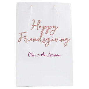 Happy friendsgiving pink green name date stylish Medium Gift Bag