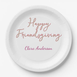 Happy friendsgiving pink green name date stylish Paper Plate