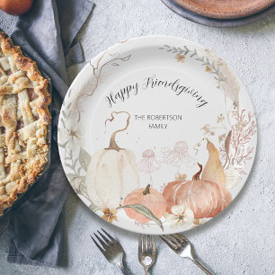 Happy Friendsgiving Pumpkin Fall Floral Watercolor Paper Plate