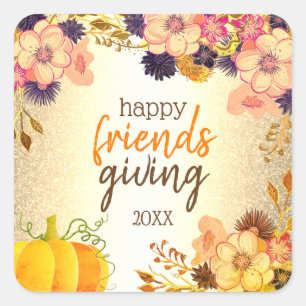 Happy Friendsgiving Pumpkin & Pink Gold Flowers Square Sticker