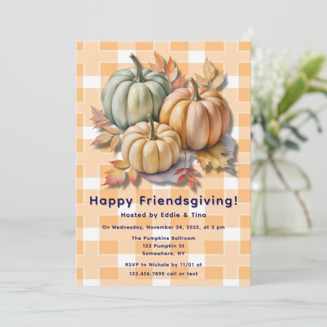 Happy Friendsgiving Pumpkins & Autumn Leaves Invitation (Standing Front)