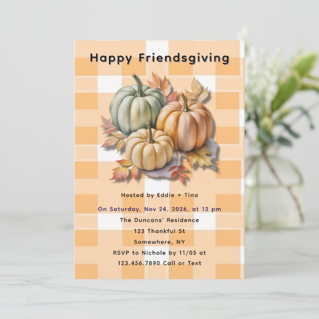 Happy Friendsgiving Pumpkins & Autumn Leaves Invitation (Standing Front)