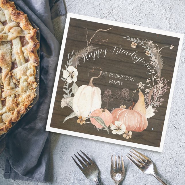 Happy Friendsgiving Rustic Fall Pumpkin Floral Napkin (Creator Uploaded)