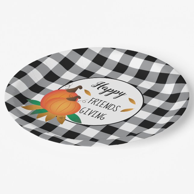 Happy Friendsgiving Thanksgiving Black Plaid Paper Plate (Angled)