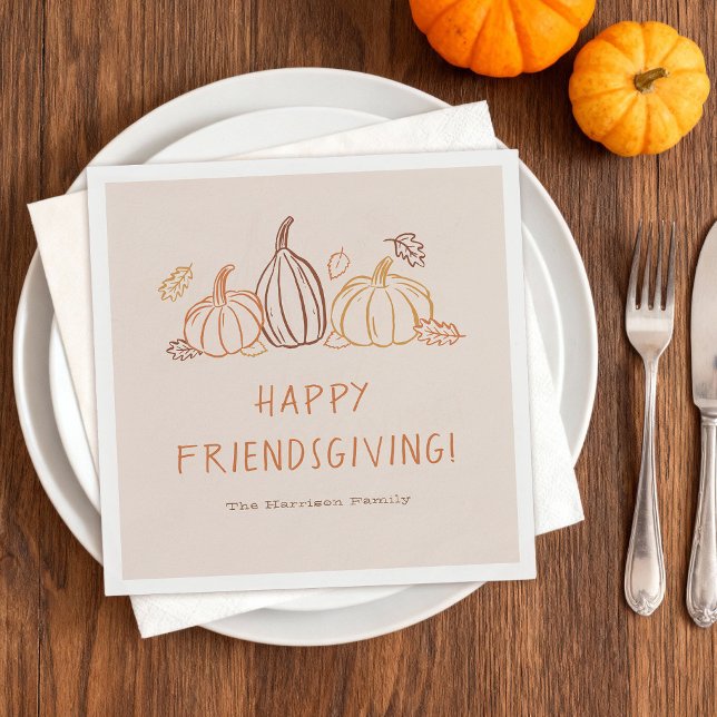 Happy Friendsgiving Thanksgiving Pumpkin Doodles Napkin ("Happy Friendsgiving" napkins with whimsical Fall doodles)