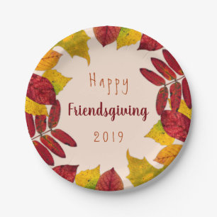 Happy Friendsgiving With Autumn Leaves Paper Plate