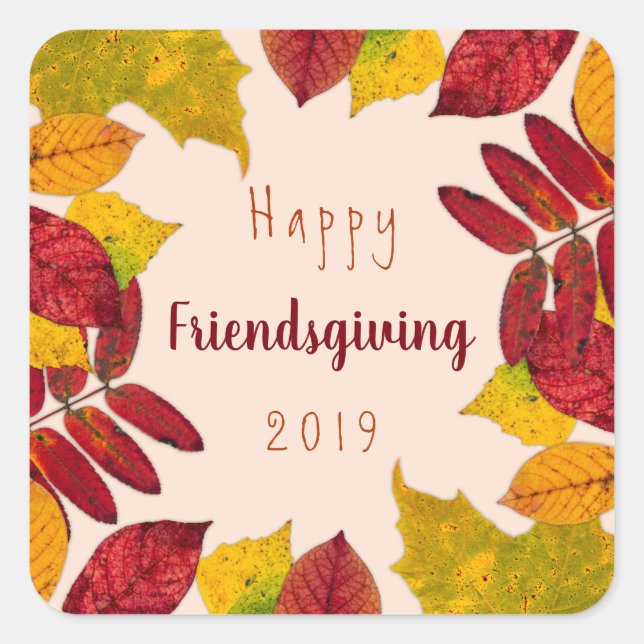 Happy Friendsgiving With Autumn Leaves Square Sticker (Front)