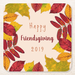 Happy Friendsgiving With Colorful Autumn Leaves Square Paper Coaster