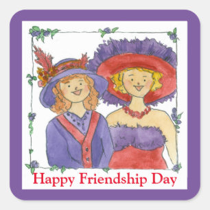 Happy Friendship Day Ladies In Big Hats Red Purple Square Sticker