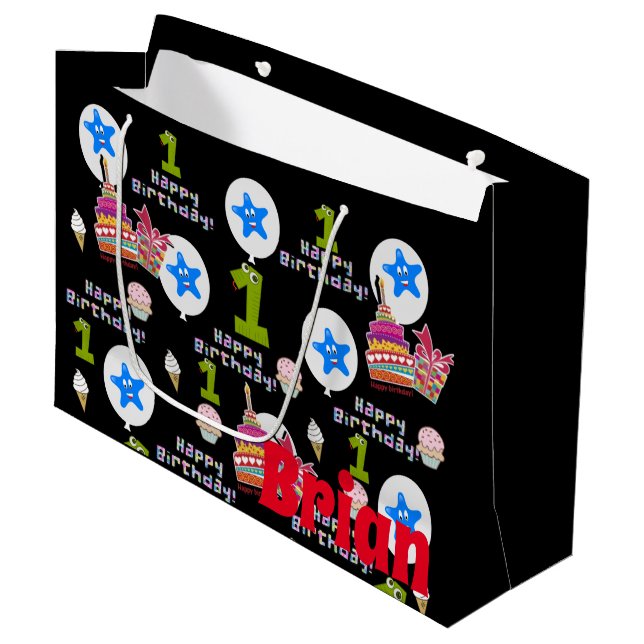 Happy Frist Birthday Gift Bag #1 Black (Front Angled)