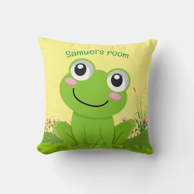 Happy frog cushion - pale lemon background cushion (Front)