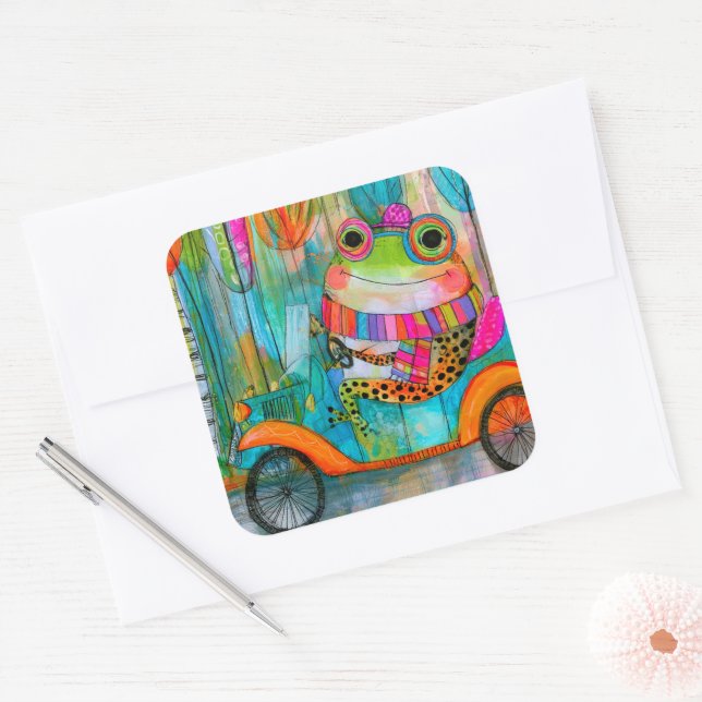 Happy Frog Joyful Roadside Adventure Square Sticker (Envelope)