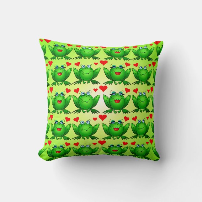 Happy Frogs Cartoon Love Hearts Green Cushion (Front)