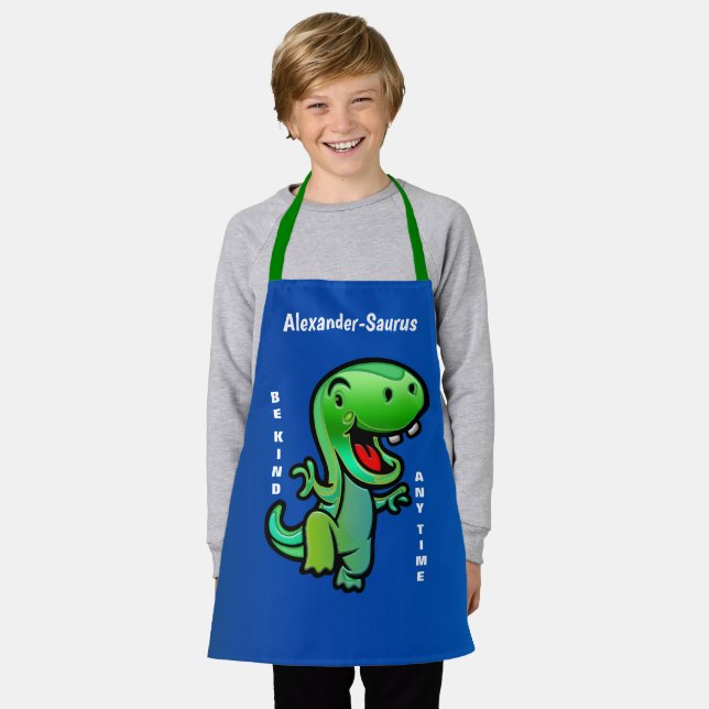 Happy Fun Dinosaur Green Be Kind Child Personalise Apron (Worn)