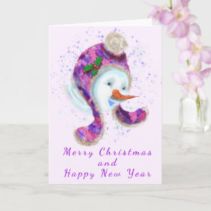 Happy Fun Snowman In Purple Pink Beanie Winter Hat Card