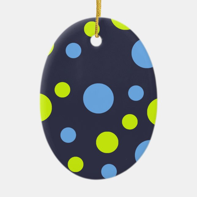Happy Funky Yellow Blue Bubbles Ceramic Tree Decoration (Front)