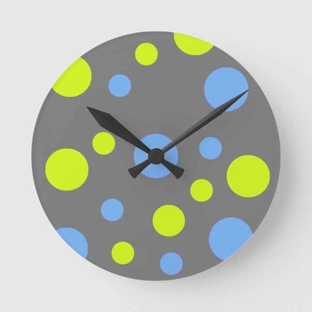 Happy Funky Yellow Blue Bubbles Round Clock (Front)