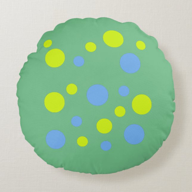 Happy Funky Yellow Blue Bubbles Round Cushion (Front)