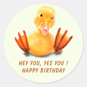 Happy Funny Birthday Sticker with Playful Duck