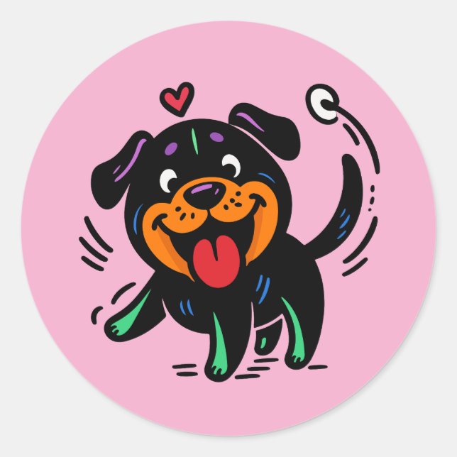 Happy Funny Cartoon Rottweiler Puppy Classic Round Sticker (Front)