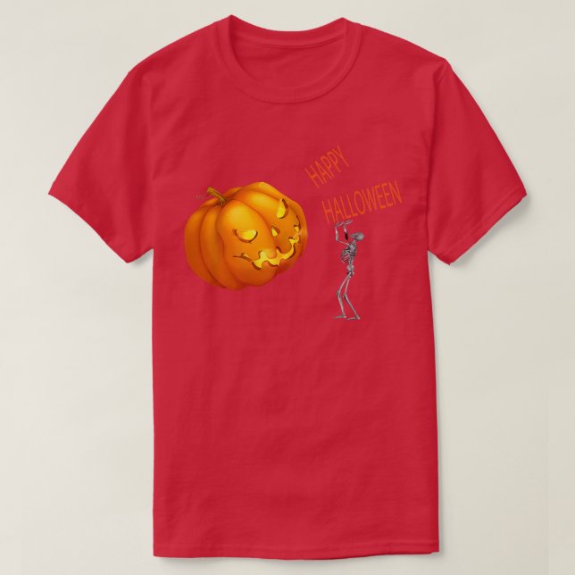 Happy funny Halloween with pumpkin on hand skeleto T-Shirt (Design Front)
