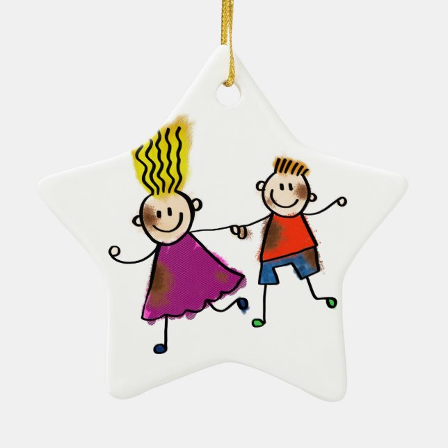 Happy Funny Kids Couple Drawing Doodle Cartoon Ceramic Tree Decoration (Back)