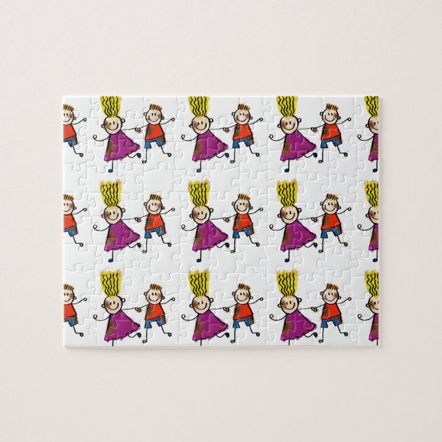 Happy Funny Kids Couple Drawing Doodle Cartoon Jigsaw Puzzle (Horizontal)