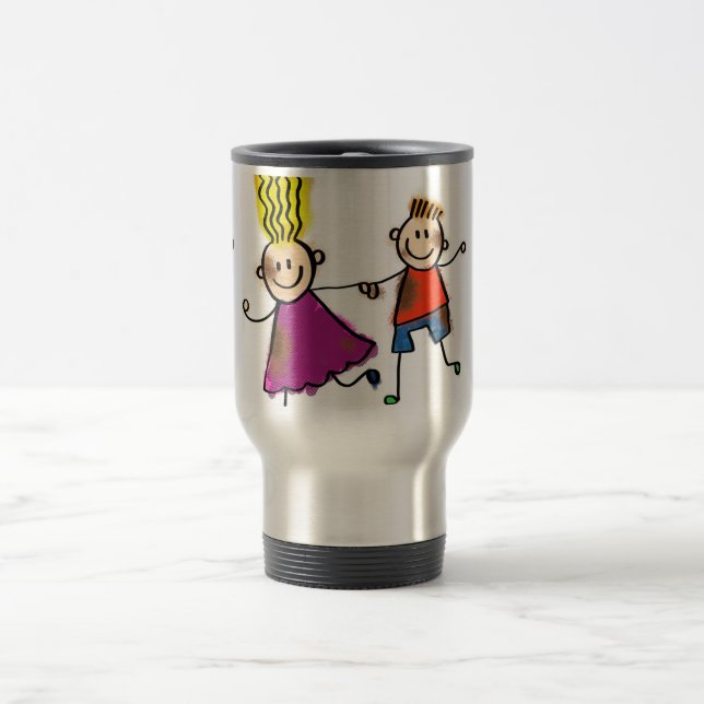 Happy Funny Kids Couple Drawing Doodle Cartoon Travel Mug (Center)