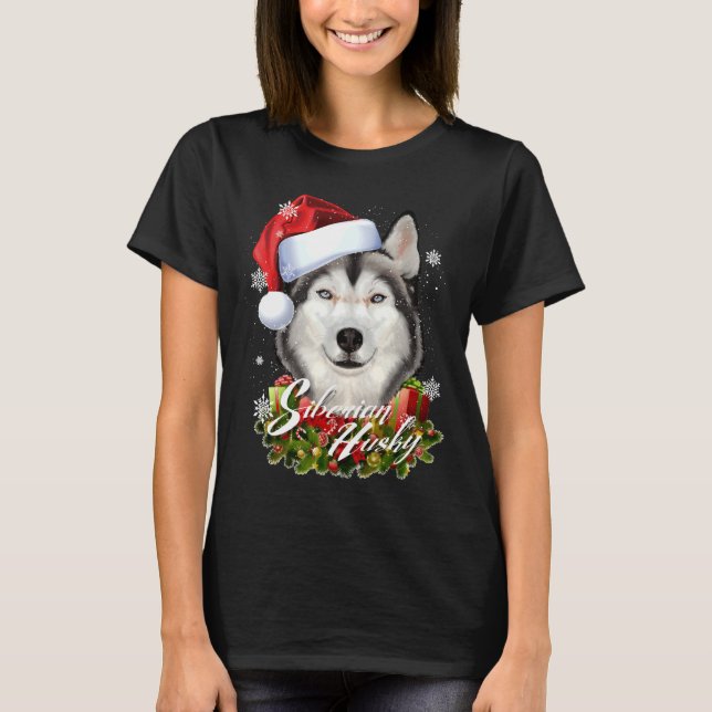Happy Furry White Siberian Husky Dog Christmas San T-Shirt (Front)