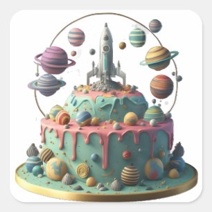 Happy Galaxy Birthday Cake Square Sticker