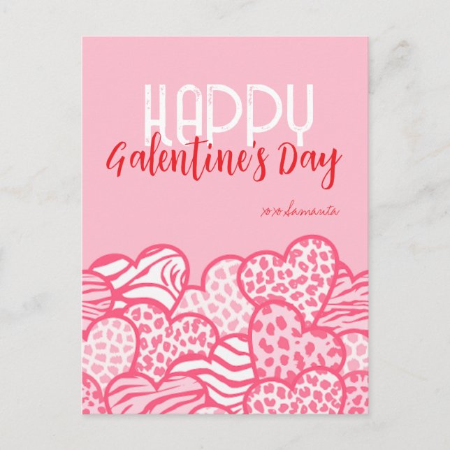 Happy Galentine Blush Pink Animal Print Heart Name Holiday Postcard (Front)