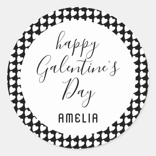 Happy Galentine`s Day Black and White Heart  Classic Round Sticker (Front)