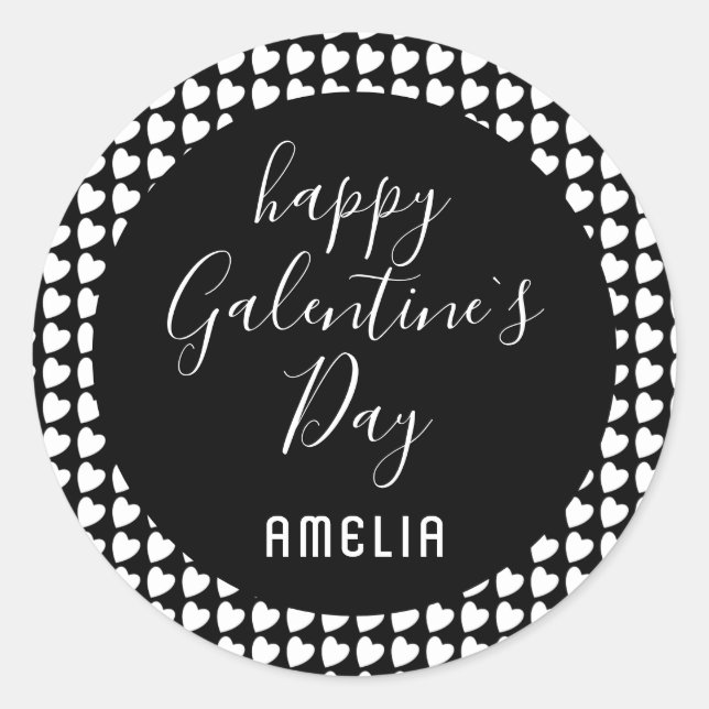 Happy Galentine`s Day Black and White Heart  Classic Round Sticker (Front)