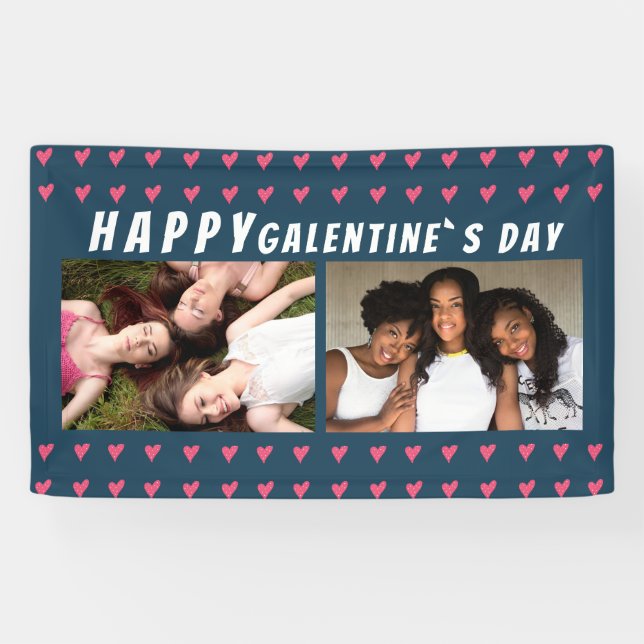 Happy Galentine`s Day Pink Heart Friend 2 Photo Banner (Horizontal)