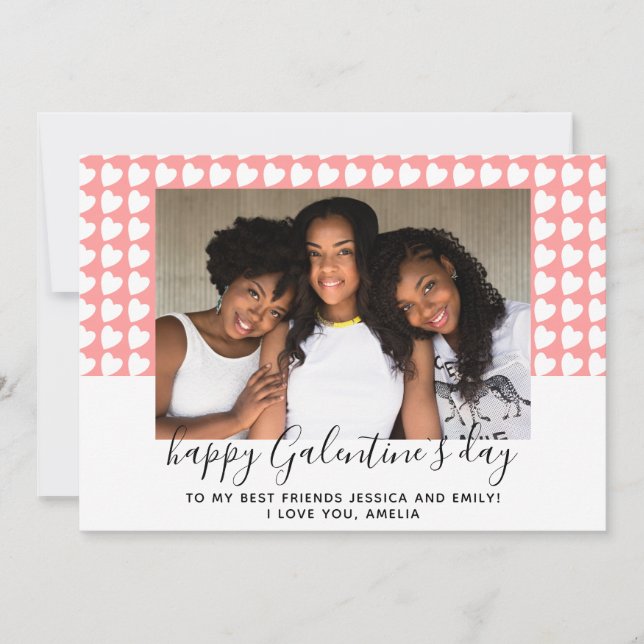 Happy Galentine`s Day Pink Heart Photo Friend Holiday Card (Front)