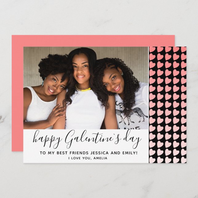 Happy Galentine`s Day Pink Heart Photo Friend Holiday Card (Front/Back)